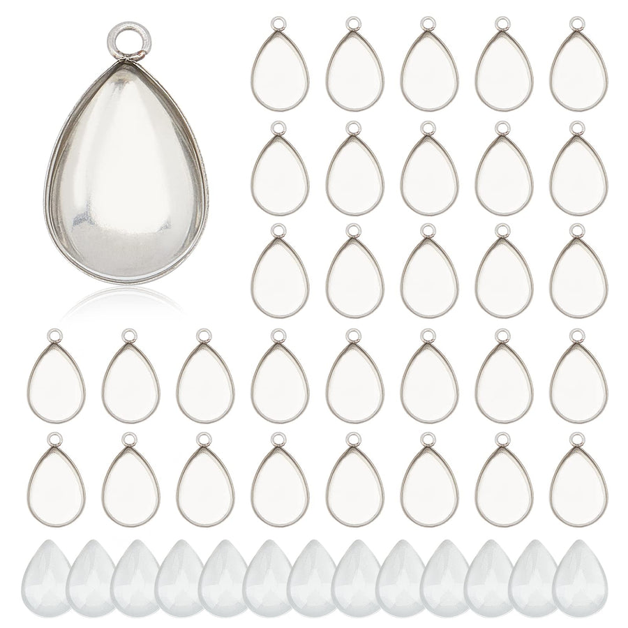 100pcs Bezel Pendant Blanks- 50pcs Drop Pendant Trays Photo Charms Cabochons Blanks with 50pcs Glass Cabochons Clear Dome for Bridal Wedding Bouquet Graduation Cap Jewelry Making
