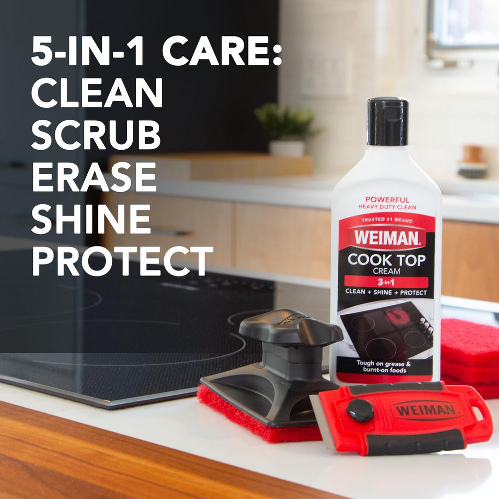 Cooktop and Stove Top Cleaner Kit - Glass Cook Top Cleaner and Polish 10 oz. Scrubbing Pad, Cleaning Tool, Razor, Scraper