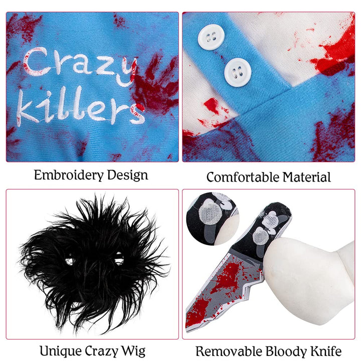 Deadly Dog Clothes Dog Halloween Costume Pet Deadly Dog Costume, Adjustable Dog Cosplay Costume Funny Doll Wig Pug Dog Party Clothes Christmas Dog Deadly Costume with Blood Knife Medium