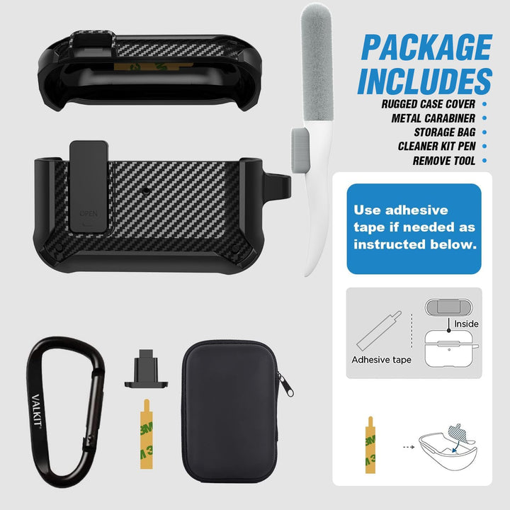 Valkit Compatible Airpods Pro Case with Lock Clip, Carbon Fiber Texture Air Pod Pro Case Cover with Keychain for Men Women Cool AirPod Pro Shockproof Protective Case for AirPods Pro 2019, Black
