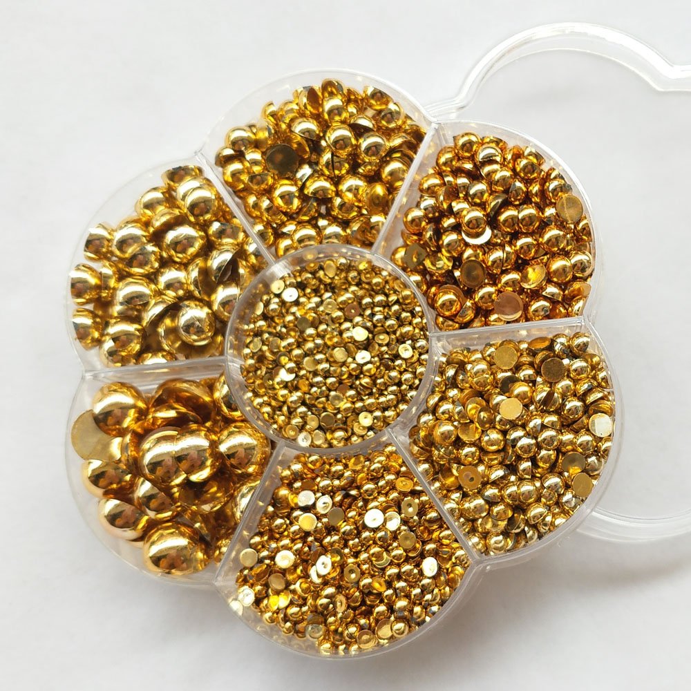 3000PCS 7 Sizes (2.5/3/4/5/6/8/10mm) 1 Box Gold Round Flatback Imitation Half Pearls Bead Loose Beads Gem (Gold Half Ball)
