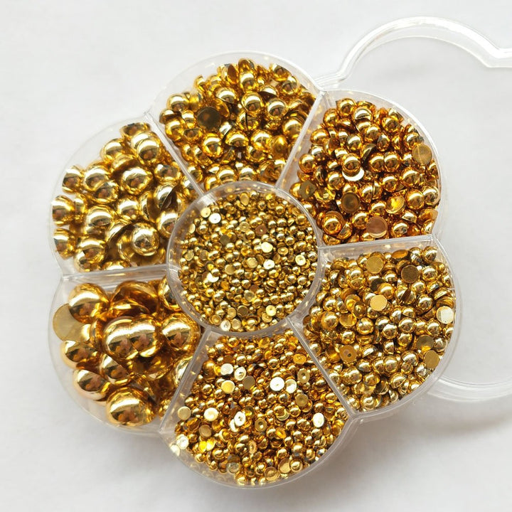3000PCS 7 Sizes (2.5/3/4/5/6/8/10mm) 1 Box Gold Round Flatback Imitation Half Pearls Bead Loose Beads Gem (Gold Half Ball)