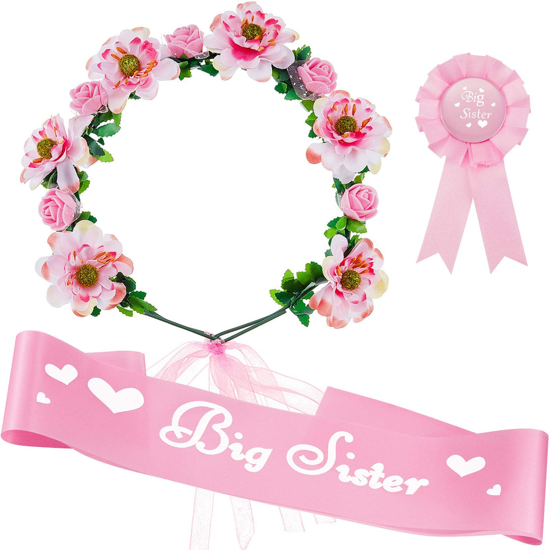 3 Pcs Big Sister Accessory Set Big Sister Flower Crown Satin Sash Pin Big Sister Gifts for Baby Shower Party(Pink)