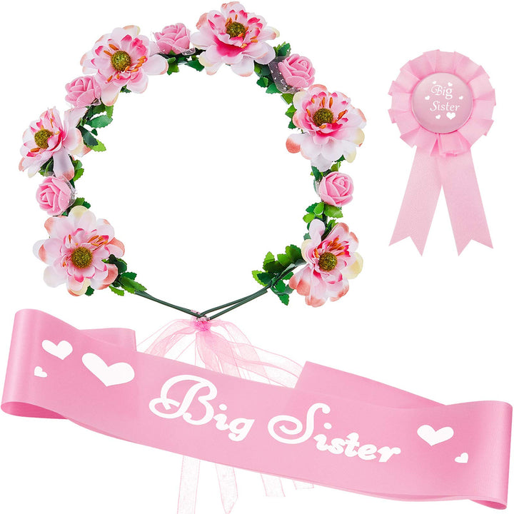 3 Pcs Big Sister Accessory Set Big Sister Flower Crown Satin Sash Pin Big Sister Gifts for Baby Shower Party(Pink)