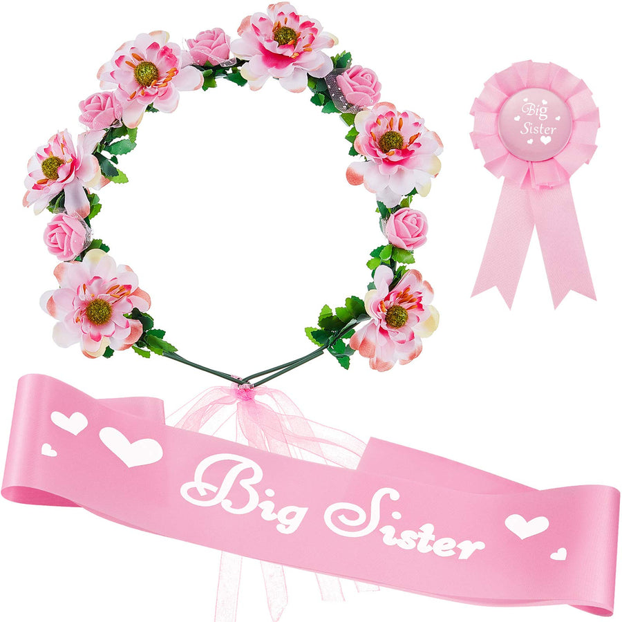 3 Pcs Big Sister Accessory Set Big Sister Flower Crown Satin Sash Pin Big Sister Gifts for Baby Shower Party(Pink)