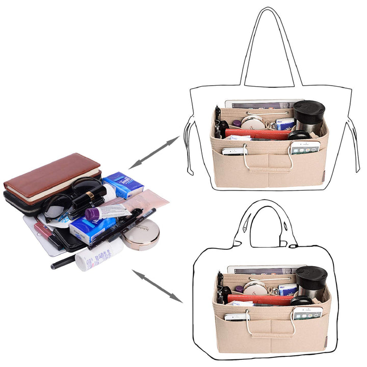 Purse Organizer, Multi-Pocket Felt Handbag Organizer, Purse Organizer Insert with Handles, Medium, Large, X-Large (Medium, Beige)