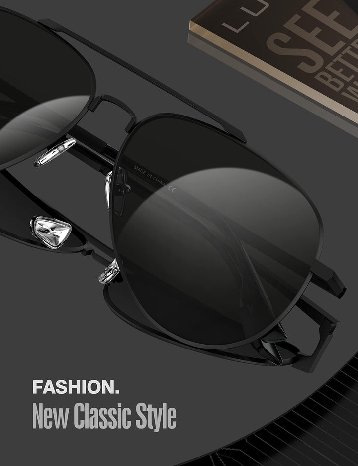 Aviator Sunglasses for Men Womens Polarized Driving Shades Black Lens Black Metal Frame Classic Style 60mm