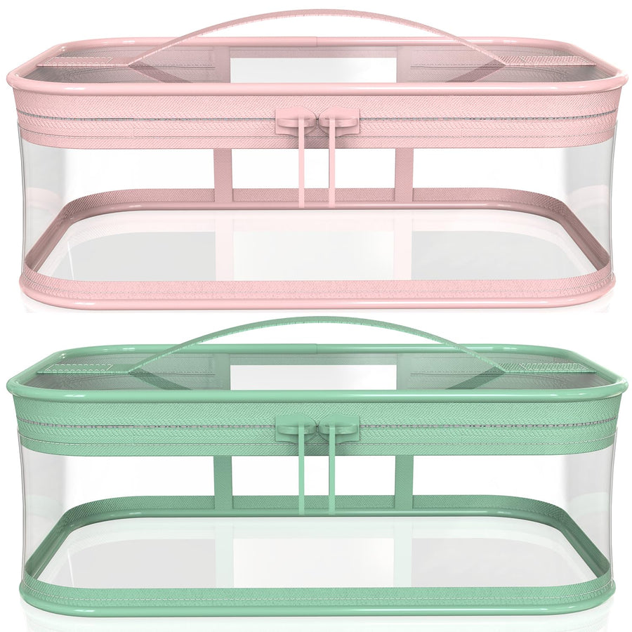 2 Pcs Transparent Makeup Bag Zipper Waterproof Portable Travel Storage Pouch, Pink Green