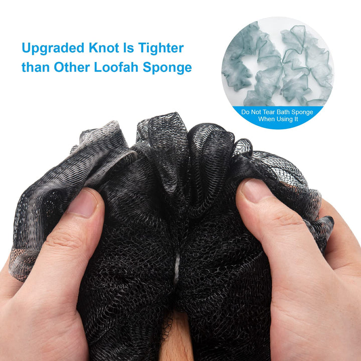 Shower Sponge Loofah Back Scrubber, PE Soft Mesh Loofah Body Scrubber with Long Wooden Handle, Bath Sponge for Men Women (Black)