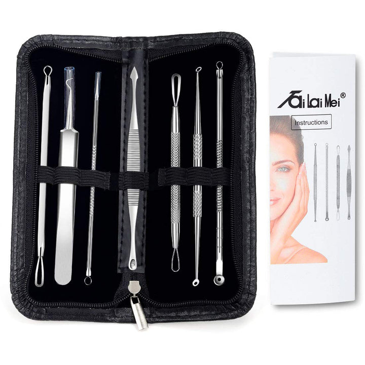 7-Piece Blackhead Remover Kit - Comedone Extractor Tool set for Facial Acne and Treatment for Blemish, Whitehead Popping, Zit Removing for Risk Free Nose Face Skin with Metal Case