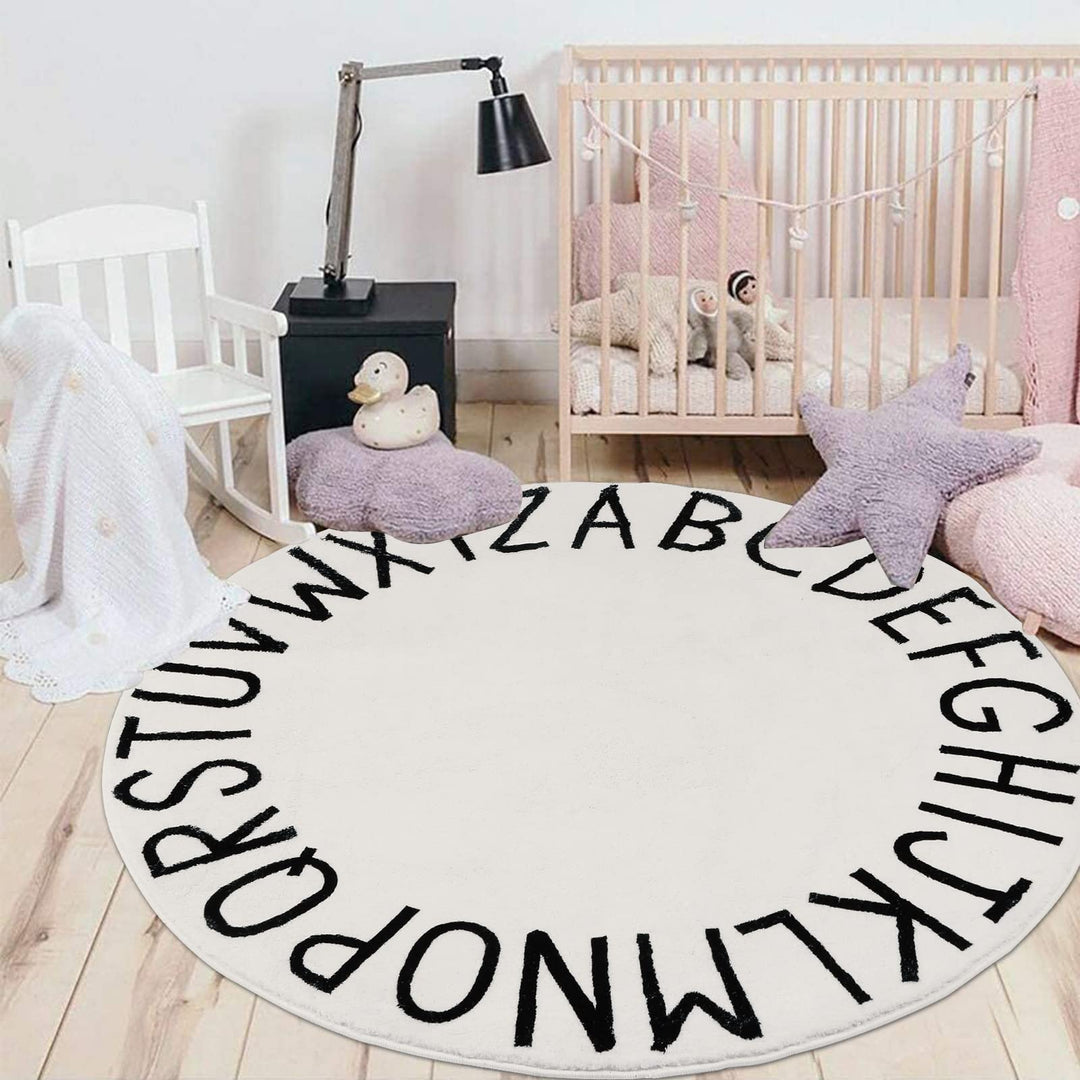 4ft Round Kids Play Rug ABC Alphabet Nursery Rug for Bedroom Playroom Non Slip Fun Educational Playmat Round Circle Carpet Crawling Mat for Classroom Infant Toddlers