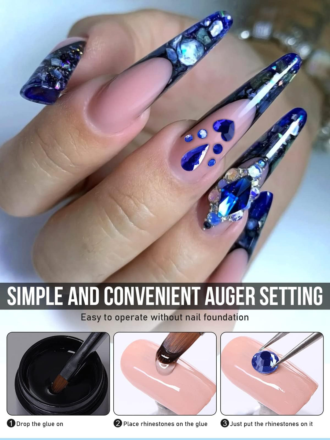 Dark Blue Nail Rhinestones Hearts Butterfly Shaped Nail Art Crystals Diamonds Flat Back Rhinestones Diamond Nail Gems with Tweezers
