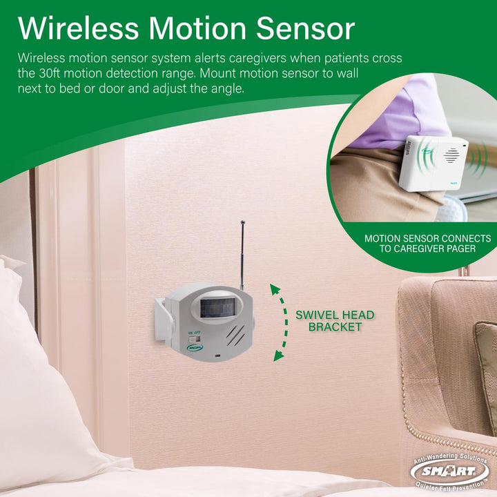 Smart Caregiver Wireless Motion Sensor Alarm System with Pager for Fall and Wandering Prevention | Mountable Motion Detector Alarm Alerts Medical Caregiver with Up to 300' Range | Bed or Door Movement