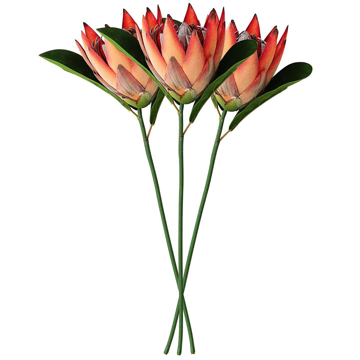 Artificial Protea Cynaroides for Flower Arrangements, Faux Protea for Table Decoration Centerpieces, 3 Pieces Silk Protea Bouquet for Wedding (3, Orange)