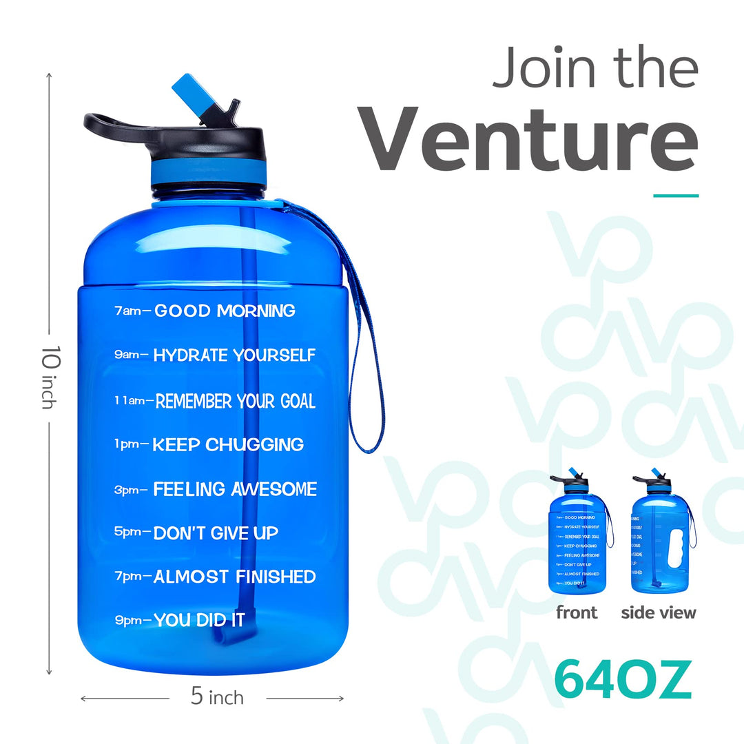 Half Gallon Water Bottle with 2 Lids, Large 64 oz Water Jug with Motivational Time Marker to Ensure You Drink Enough Water-Deep Blue