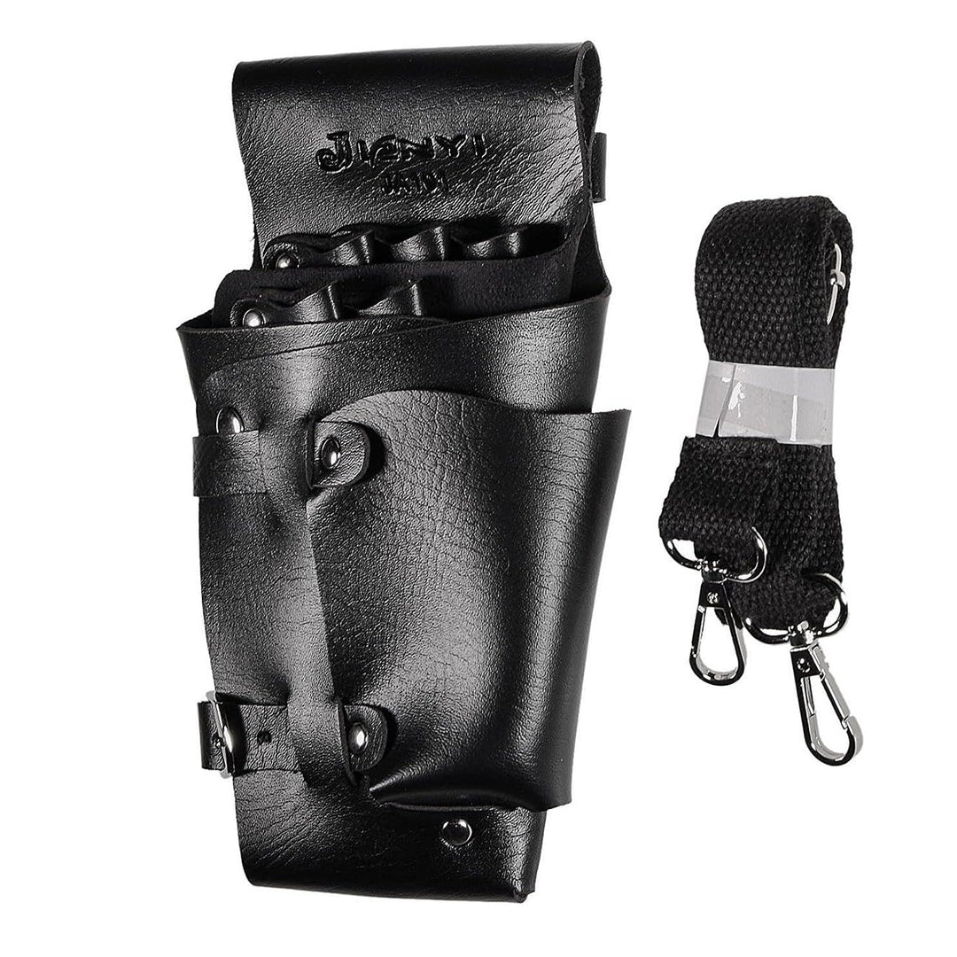 Black PU leather hairdressing scissors holder case holster pouch, hairdresser scissors belt bag, barber tool belt, salon hairdresser tool case bag for scissors combs, clippers, hair clips