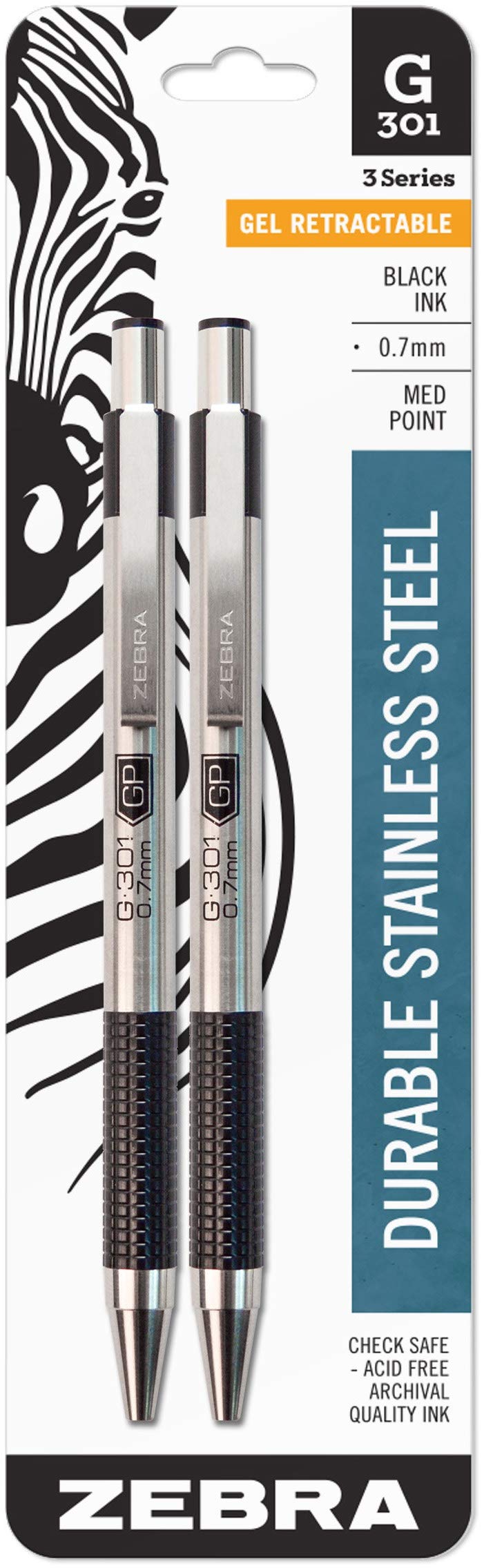 G-301 Retractable Gel Ink Pen, Stainless Steel Barrel, Medium Point, 0.7mm, Black Ink, 2-Pack