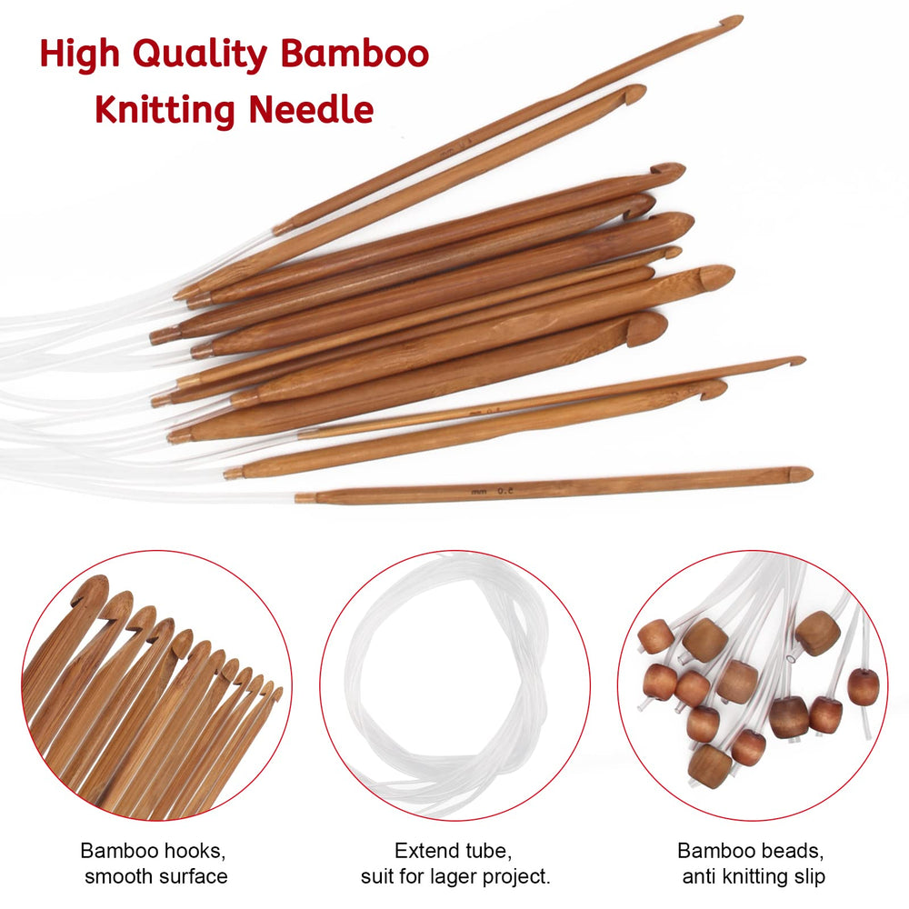 Tunisian Crochet Hooks Set 23 Pcs, 12P 3-10mm Bamboo Knitting Needle with Extend Braided Tube, Anti-Slip Bead Bamboo Crochet Hook 11P 2-8mm Aluminum Crochet Hook Needle Hook Sets (Transparent)