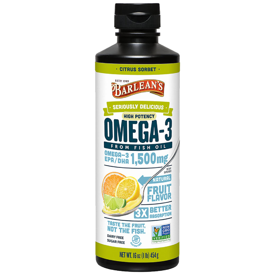 Citrus Sorbet High Potency Omega 3 Fish Oil Liquid Supplement, 1500mg of EPA & DHA Fatty Acid, Smoothie Flavored & Burpless for Brain, Joint, & Heart Health, 16 oz