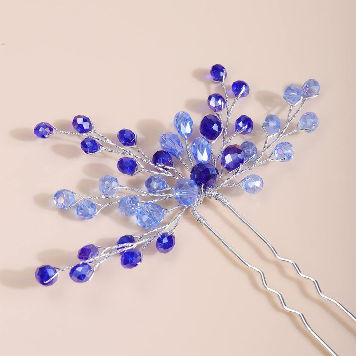 2PCS Boho Blue Crystal Hair Pins for Women and Girls Wedding Bridal Silver Hair Piece Set (Blue)