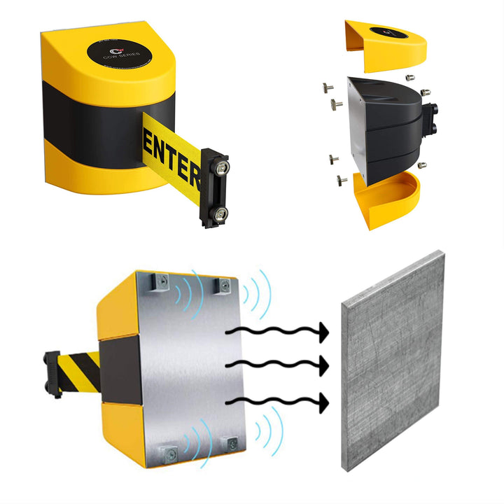 - CCW Series WMB-220 Magnetic Wall Mount Retractable Belt Barrier - 15 Foot, Red withCaution - DO NOT Enter White Letters Belt with Yellow ABS Case