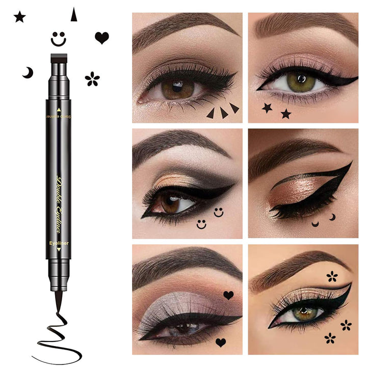 6 Pcs Double-Side Liquid Eyeliner Stamp Pen Set, Eye Liners for Women Waterproof Eyeliner Pencil Black Eye-liner Stencils Long-Lasting Tattoo Makeup-Triangle,Star,Moon,Heart,Flower,Smiley
