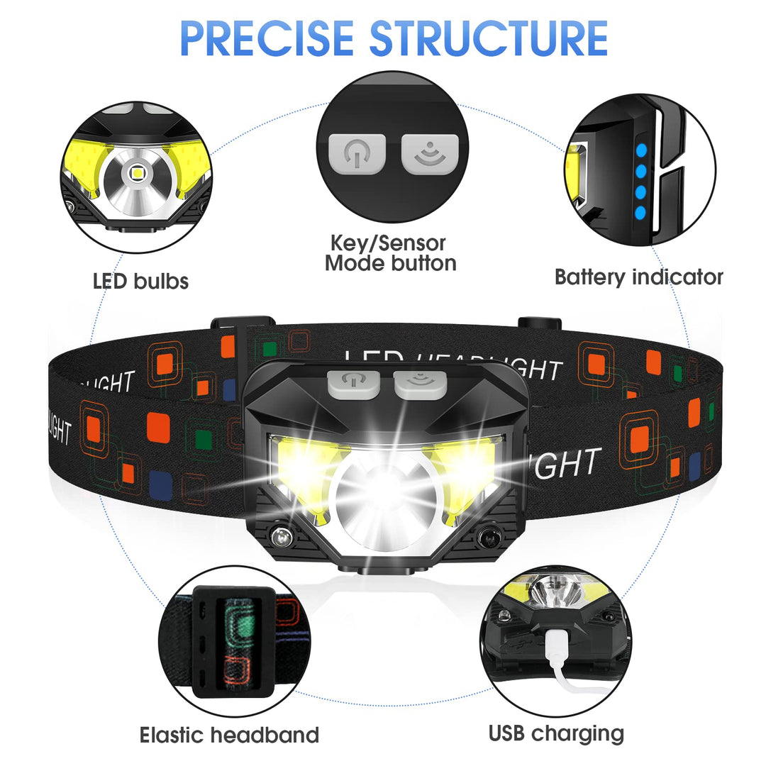 Headlamp Flashlight, Lumen Ultra-Light Bright LED Rechargeable Headlight with White Red Light, 2-Pack Waterproof Motion Sensor Head Lamp,8 Modes for Outdoor Camping Running Hiking Fishing