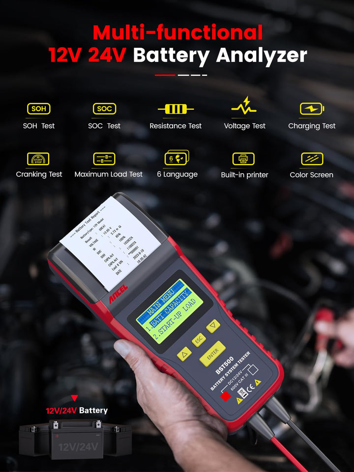 BST500 Battery Tester with Printer, 12V 24V Car Battery Load Tester Automotive, 99% Accuracy Auto Battery Analyzer Tester, Cranking Charging System Test Tool for Car Heavy Duty Truck SUV ATV RV