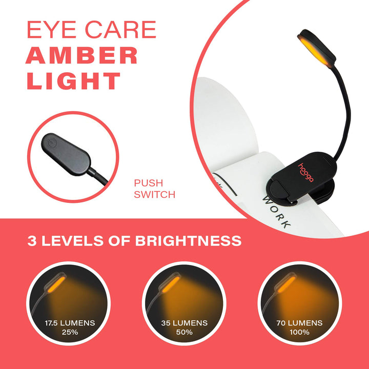 Book Light, Rechargeable Clip On Blue Blocking Amber LED Light for Reading in Bed. 1600K Color. Eye Care Light for Strain-Free, Healthy Eyes. Gift for Students, Kids, Travel, Nursing, Studying.