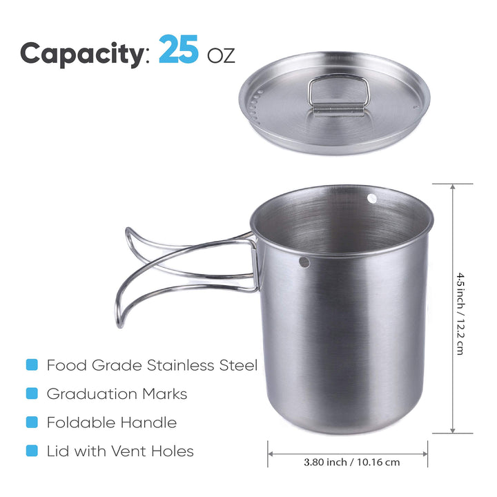 Canteen Stainless Steel Water Bottle with Nested Camping Cup and Lid for Bug Out Bag, Bushcraft Gear, Metal Canteen with a Wide Mouth Water Bottle and Mess Kit