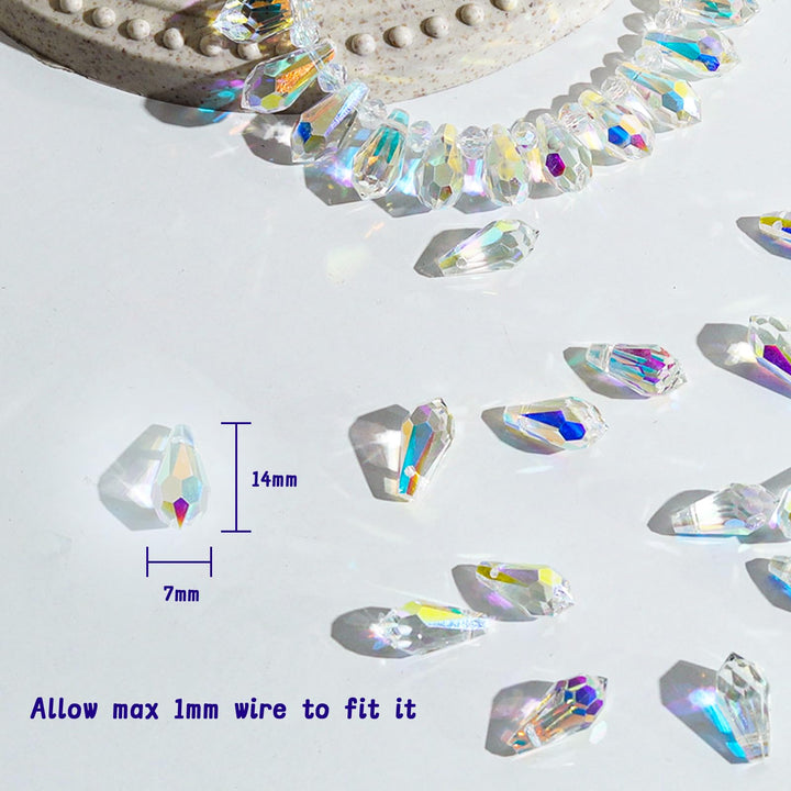 72pcs AB Teardrop Crystal Beads - 7x14mm Waterdrop Faceted Glass Beads for Jewelry Making, Earrings, Necklaces, Bracelets