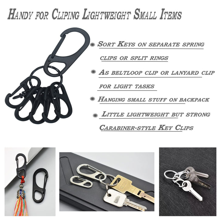 Small Metal Carabiner Paracord Clips Snap Hooks with Fixed Eye(0.39/0.47in) Spring Clasps Keychain Buckles, 1 Pcs Large(1.85in) 5 Pcs Small(1.25in) Black