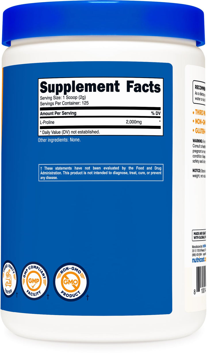 L-Proline Powder 250 Grams - 2,000mg Per Serving, Non-GMO