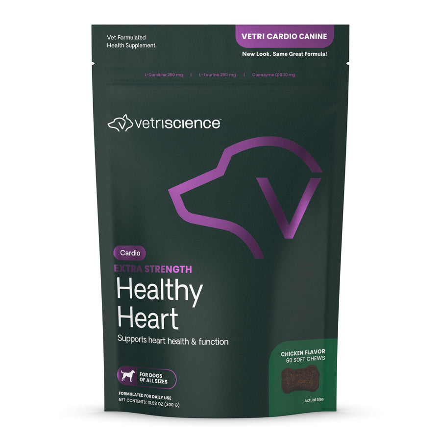 VetriScience Extra Strength Healthy Heart Chews, Vetri Cardio Taurine and CoQ10 Supplement for Dogs, Heart Support Supplement, Chicken, 60 Count