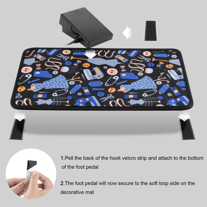 Sewing Machine Foot Pedal Pad Stay in Place Mat, Non Slip Rubber and Hook and Loop Pad to Keep Foot Pedal Steady on Hard Floor Carpet, Piano Pedal,12”x7”, 1/5” Thick (Black+Blue)