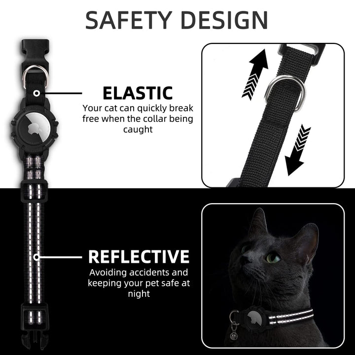 Airtag Cat Collar, Reflective Airtag Cat Collar with Bell and Silicone Waterproof Airtag Holder Case Compatible with Apple Airtag (7-9 Inch, Black)