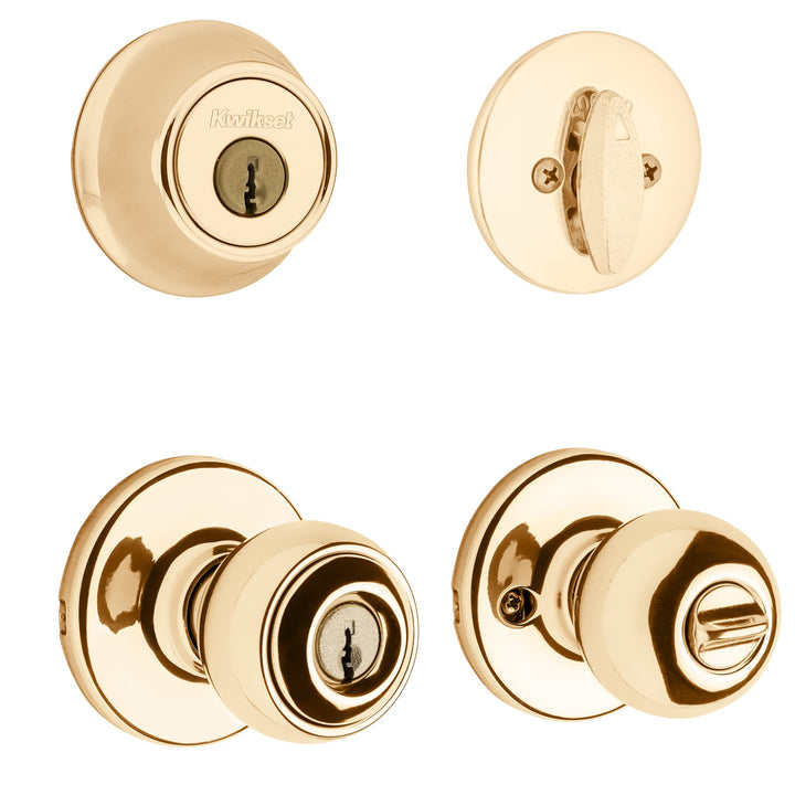690 Polo Entry Knob and Single Cylinder Deadbolt Combo Pack in Polished Brass