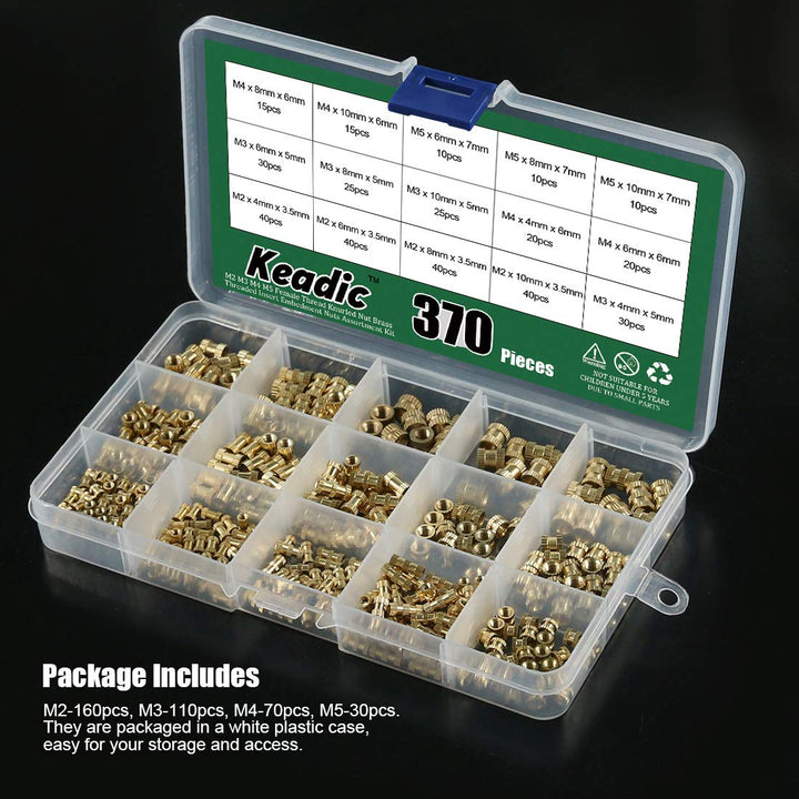 370PCS M2 M3 M4 M5 Female Thread Knurled Nut Brass Threaded Insert Embedment Nuts Assortment Kit