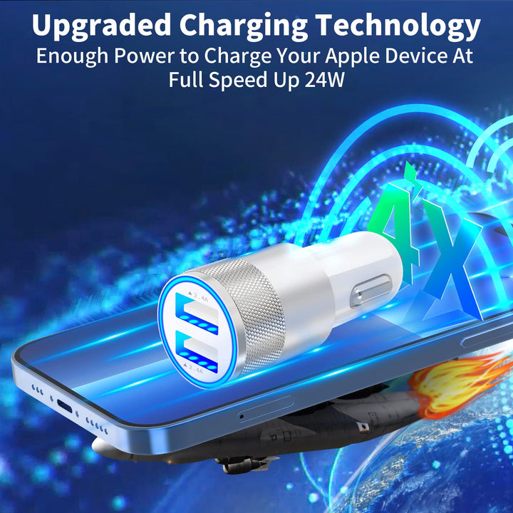 MFi CertifiediPhone Fast Car Charger, 4.8A Dual USB Power Car Charger Fast Charging Cigarette Lighter Adapter + 2Pack Lightning to USB Cable for iPhone 14 13 12 11 Pro/XS/XR/Mini/X/8/iPad