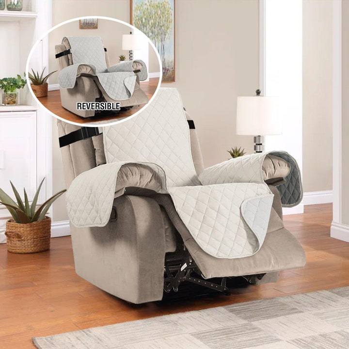 Reversible Quilted Recliner Covers Recliner Chair Cover Water Resistant Furniture Protector Washable Couch Cover with Elastic Straps for Kids, Pets (Recliner, Ivory/Beige)
