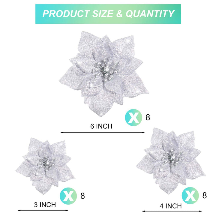 24 Pieces Glitter Poinsettia Artificial Christmas Flowers Poinsettia Decorations Wedding Christmas Tree Ornaments, 3/4/6 Inches (Silver)