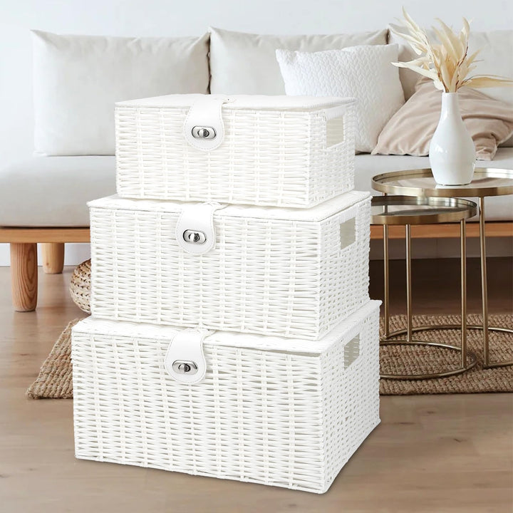 White Wicker Storage Baskets - Set of 3 Decorative Nesting Boxes with Lids, Woven Basket with Lock & Handle, Organizer for Beauty Makeup Bathroom Decor