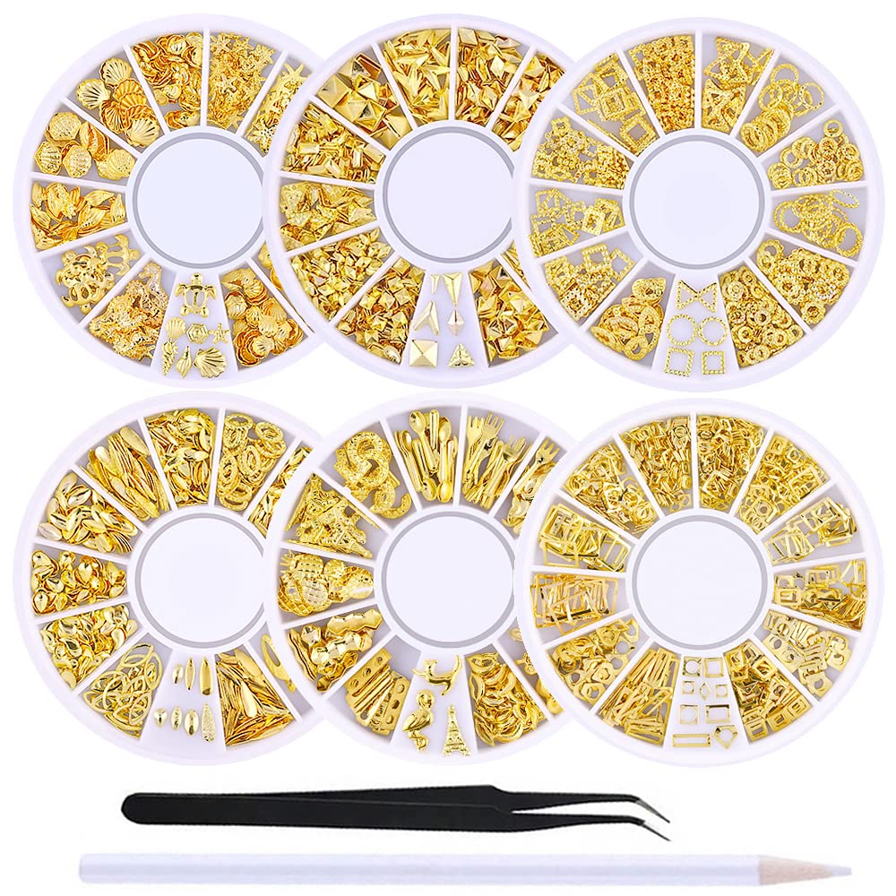 6 Boxes Gold Hollow Nail Metal Studs Modern Cross Geometry Nail Art Charm 3D Nail Jewelry Decoration With 1Pc Tweezers And Picker Pencil