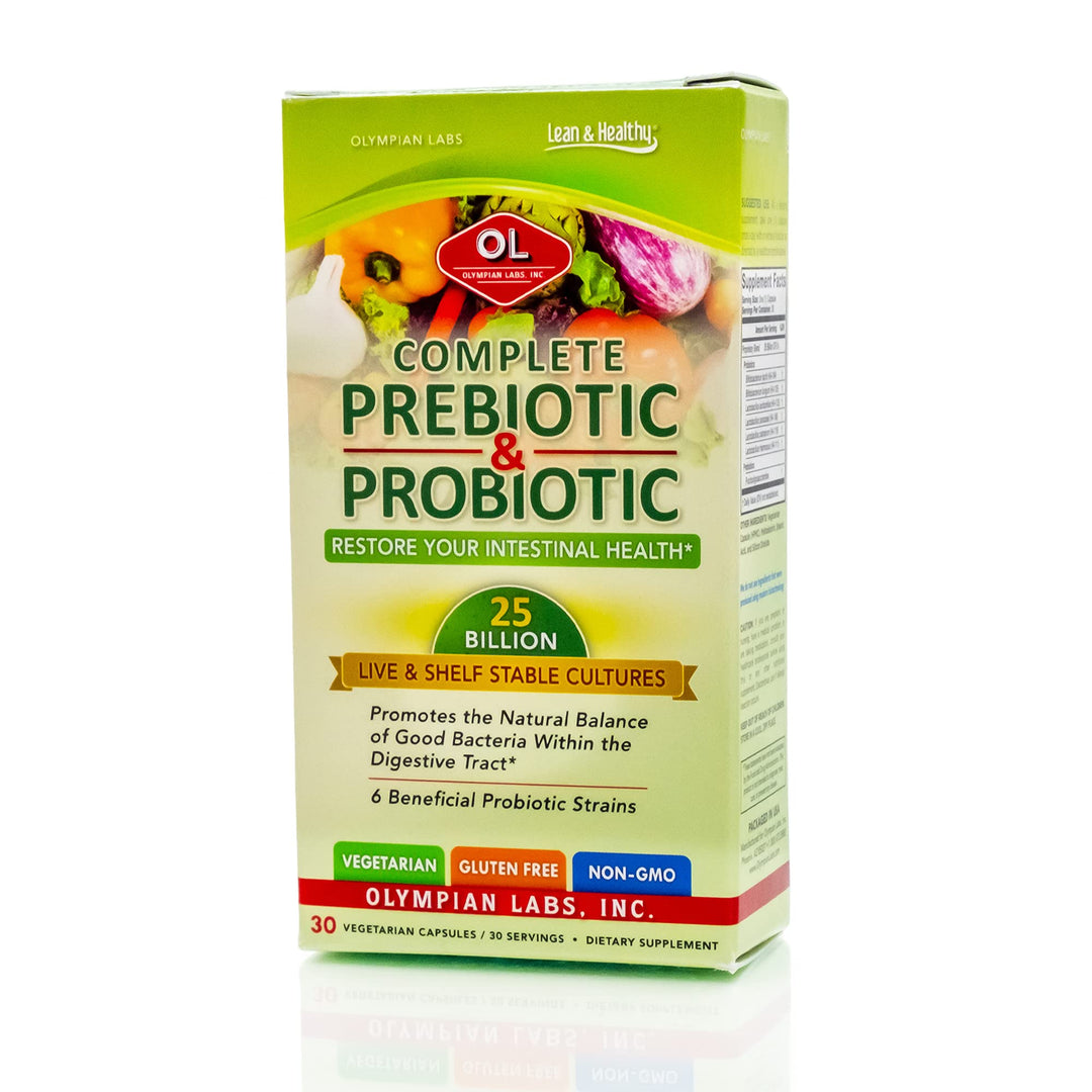 Complete Prebiotic and Probiotic Supplement - 25 Billion Live Shelf Stable Cultures - 30 Vegetarian Capsules, Helps Restore The Natural Balance Within The Digestive Tract.