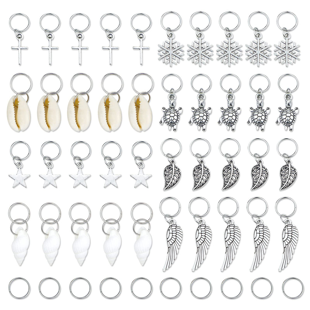 Hair Braid Rings, 50PCS Hair Loops Clips Silver Ring Shell Leaves Star Conch Snowflake Pendant Charms Set Hair Clip Headband Accessories