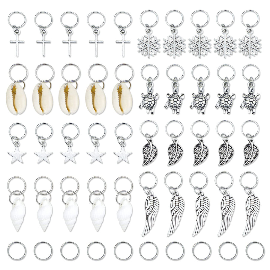 Hair Braid Rings, 50PCS Hair Loops Clips Silver Ring Shell Leaves Star Conch Snowflake Pendant Charms Set Hair Clip Headband Accessories