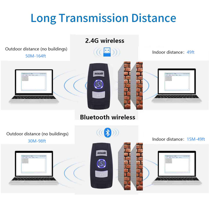 Mini 2D Portable Handheld Bluetooth Barcode Scanner Wireless 2.4G & USB Wired 3-in-1 Bar Code Scanner Portable USB QR Code Scanner for Windows.Android.iOS.MAC