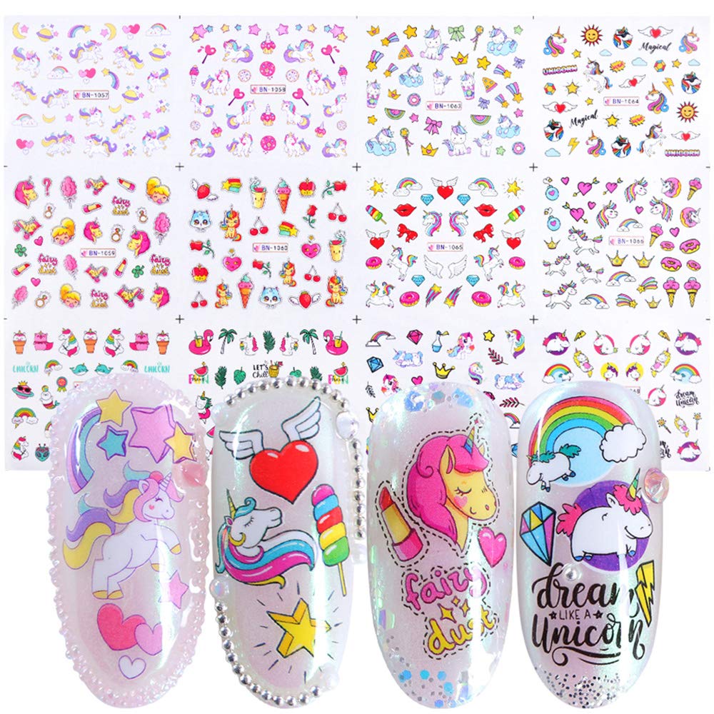 Unicorn Nail Art Stickers for Girls 12 Sheets Cute Nail Beauty Supplies Decals Unicorns Stars Moons Cherries Flamingos Rainbows Design for Nails DIY Decorations Manicure Tips Kids Birthday Gifts