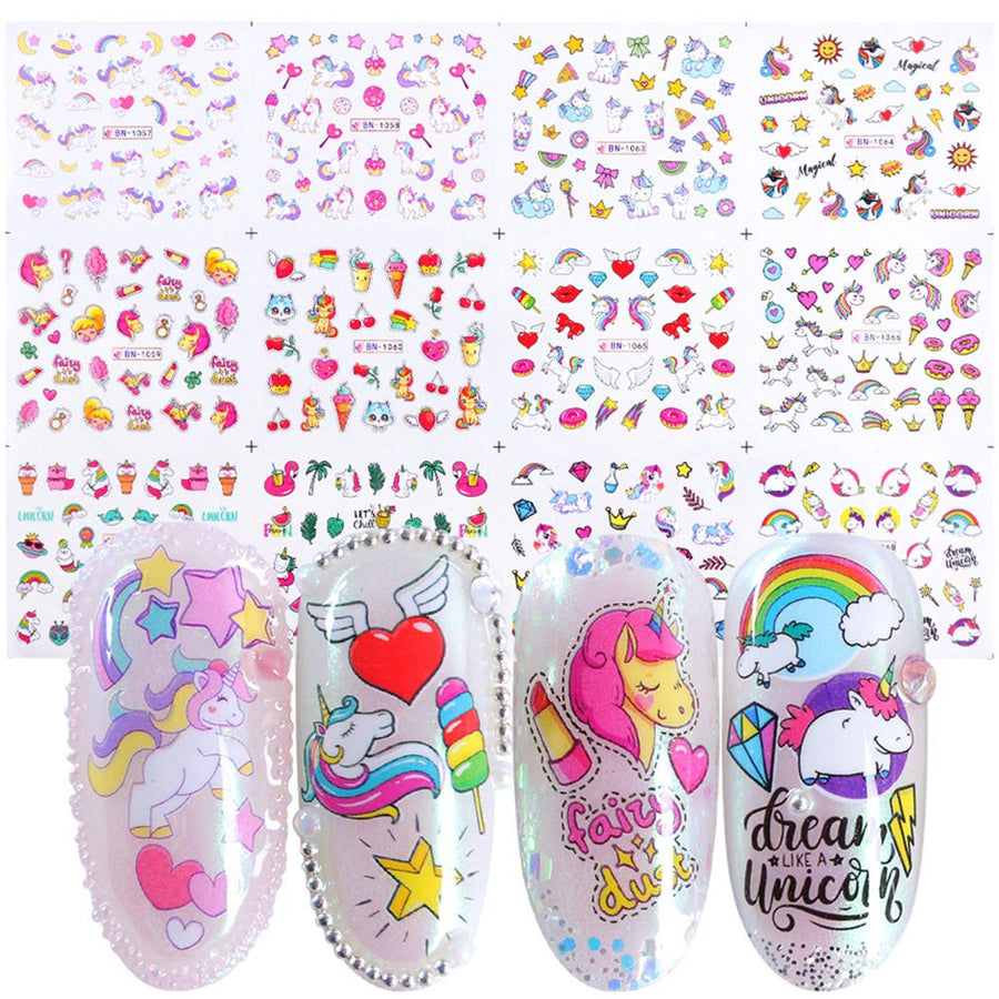 Unicorn Nail Art Stickers for Girls 12 Sheets Cute Nail Beauty Supplies Decals Unicorns Stars Moons Cherries Flamingos Rainbows Design for Nails DIY Decorations Manicure Tips Kids Birthday Gifts
