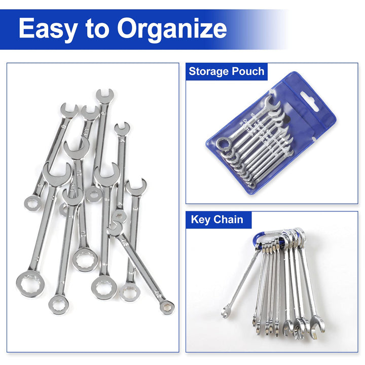 Mini Wrench Set Metric 10 Pcs Ignition Wrench Sets 4mm-11mm Open End and Box End Combination Spanner Wrench Set with Storage Pouches and Key Chains for Assembling Furniture Small Equipment